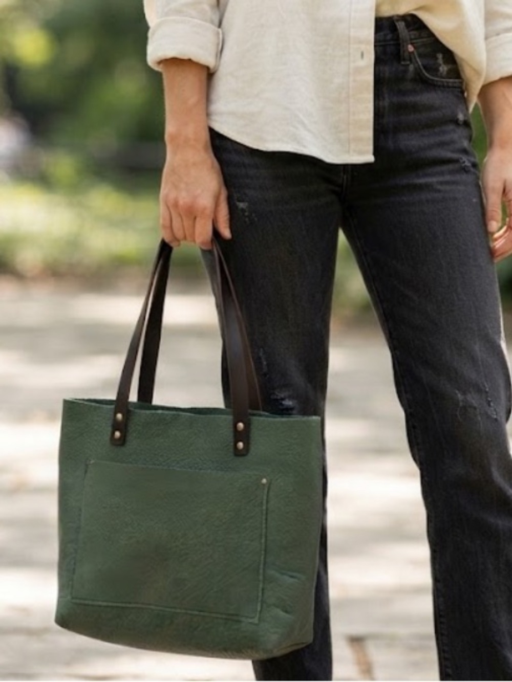 Portland Leather Goods Medium Tote – Green Pebbled Leather Brown Straps
